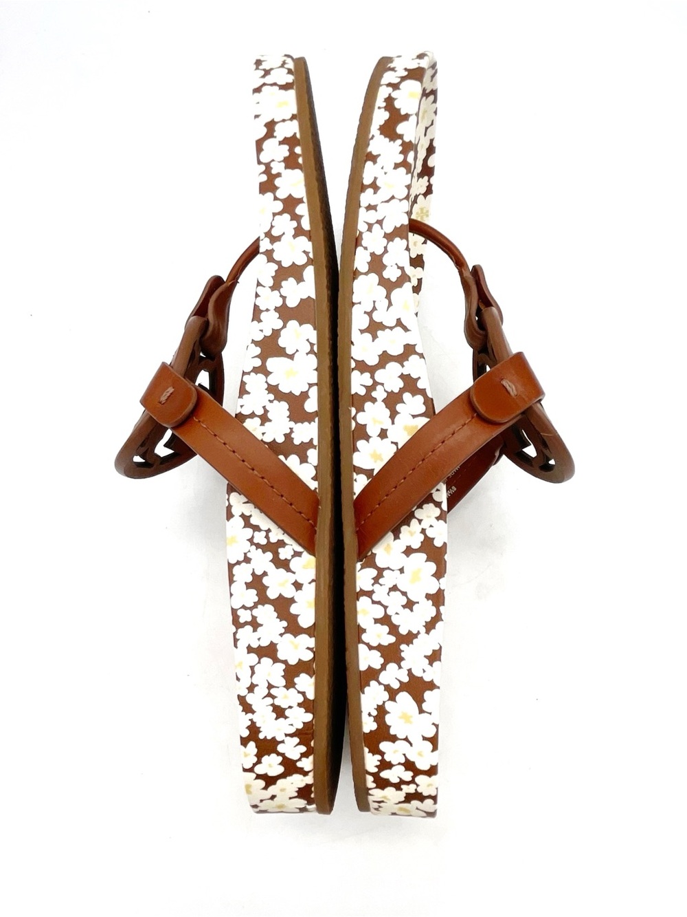 Tory Burch Miller Cloud Sandals Sz 8.5 Brown Floral Logo Leather Flip Flop Slide - Picture 12 of 16